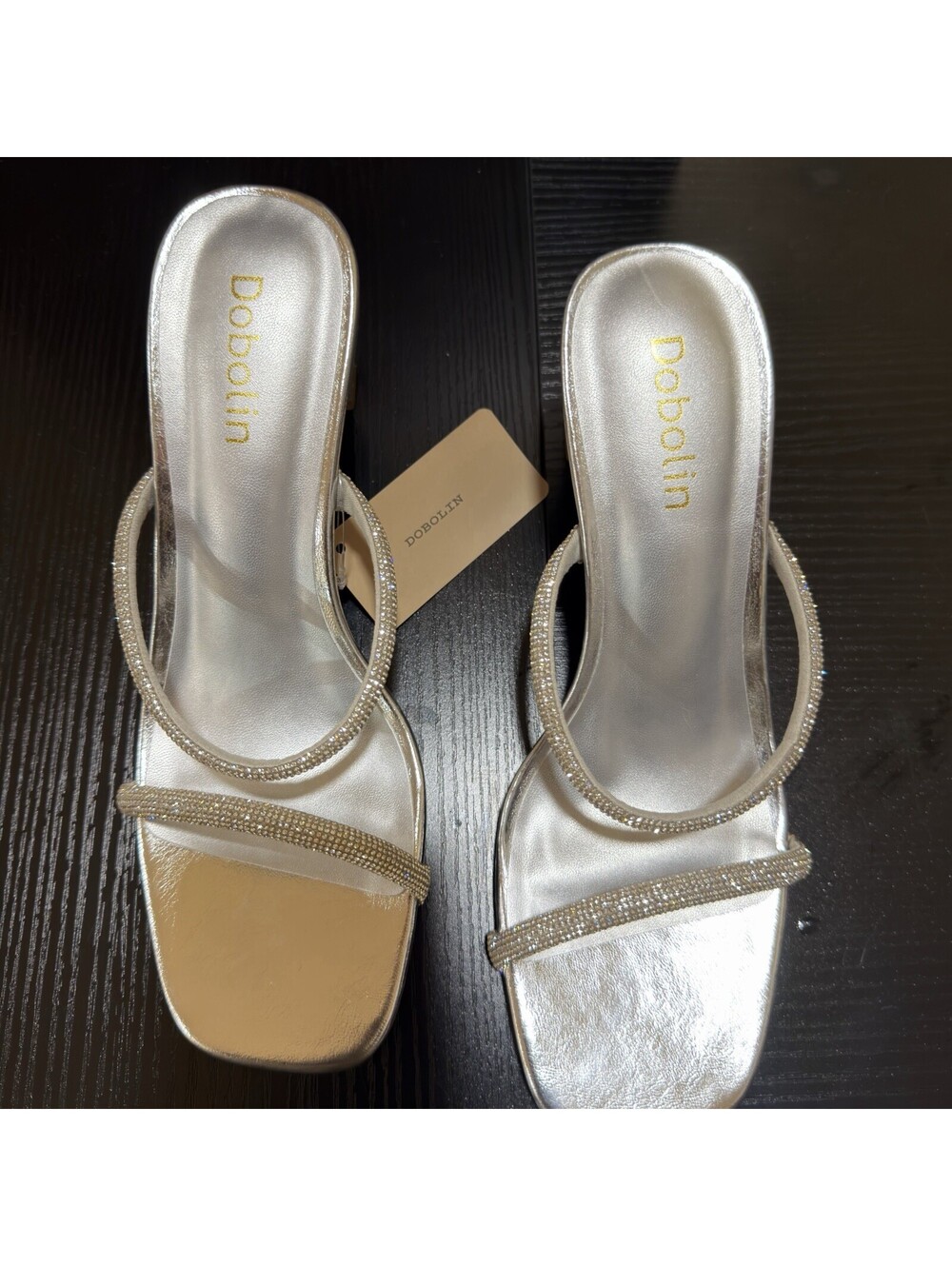 Dobolin Women's Silver Rhinestone Heeled Slide Sandals Size 9 Open Toe Mule - Picture 12 of 14